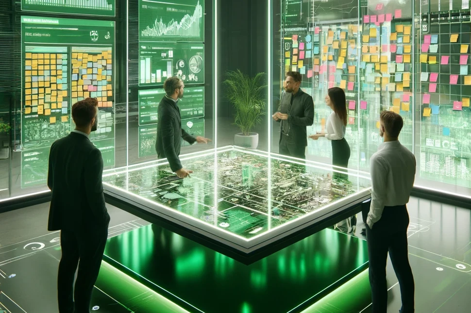 AI-genereret billede af personer der står rundt om et bord