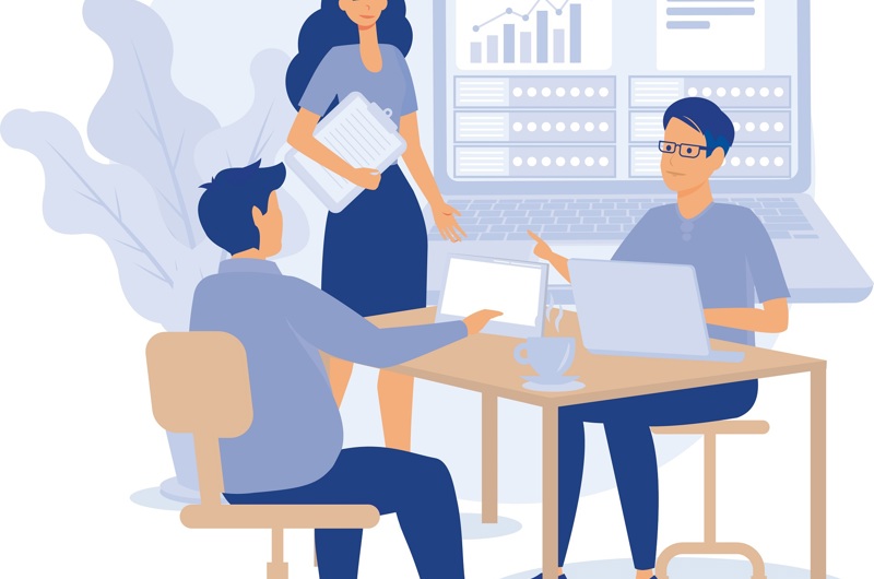 Tegnede personer der drøfter data